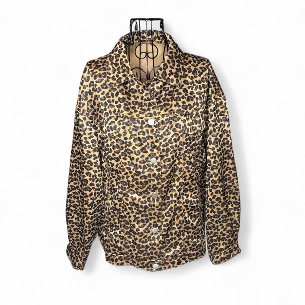 Leopard Print Trucker Jacket Oversized Cheetah Spotted Button Up Coat Large